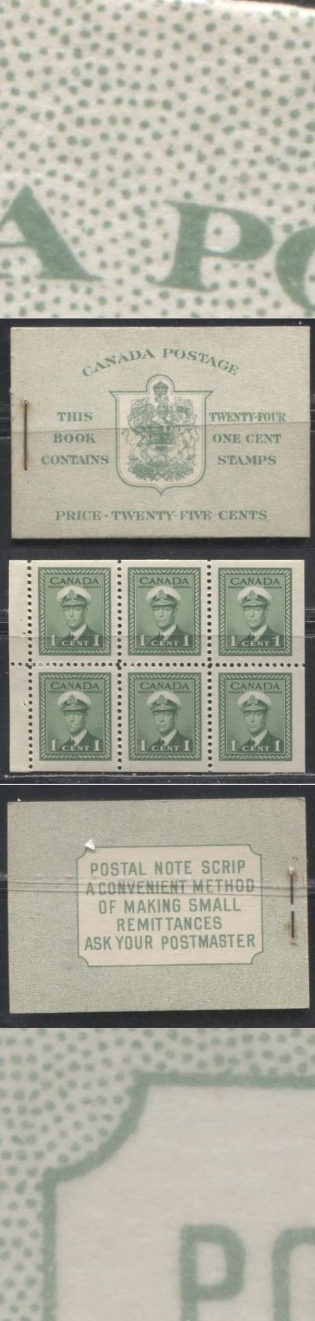 Lot 338 Canada #BK32d 1942-1949 War Issue, Type II, Complete English Booklet, 4 Panes of 1c Green, Horizontal Ribbed, Harris Front Cover IIa, Back Cover Type Cai, 6c & 7c Rates