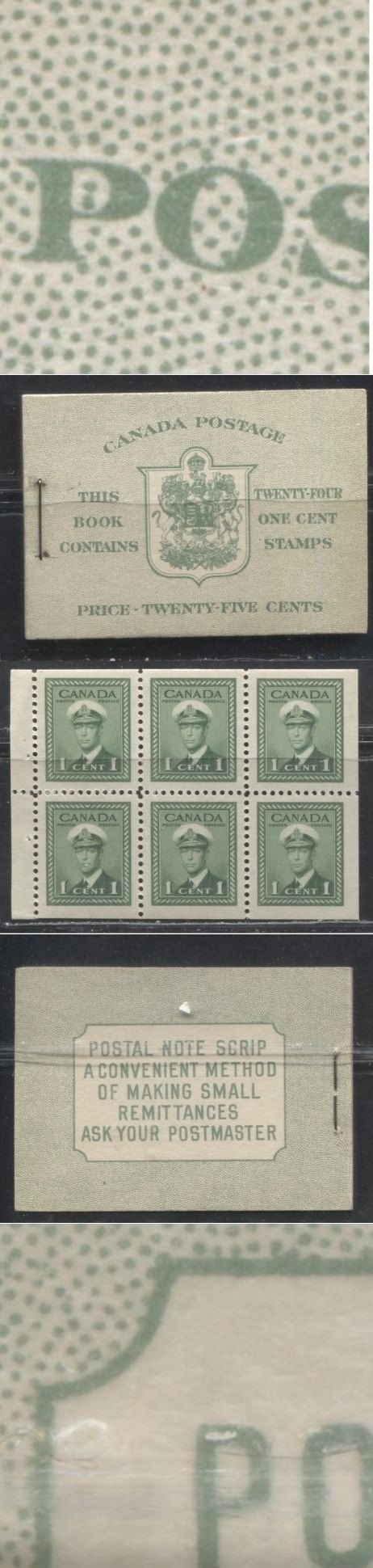 Lot 237 Canada #BK32d 1942-1949 War Issue, Complete English Booklet, 4 Panes of 1c Green, Ribbed Vertical Wove Paper, Harris Front Cover Type IIb, Back Cover Type Caiii, 7c & 6c Airmail Rates Page