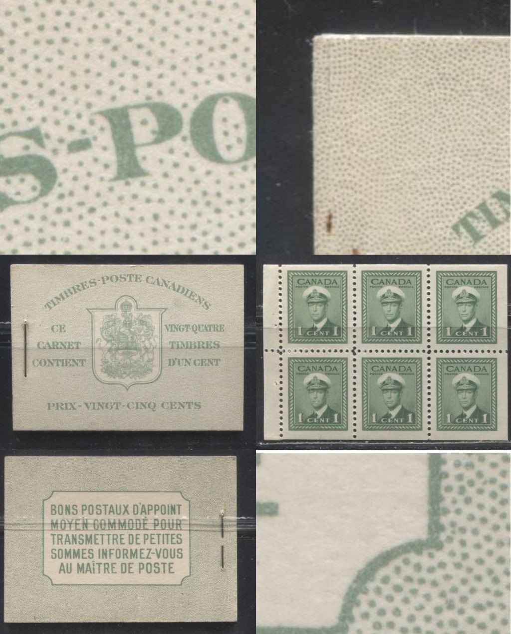 Lot 340 Canada #BK32d 1942-1949 War Issue, Type II, Complete French Booklet, Four Panes of 1c Green, Vertical Wove Paper, Harris Front Cover Type IIj, Back Cover Type Di, 7c & 6c Airmail Rates Page, and Cutting Guideline on Front Cover