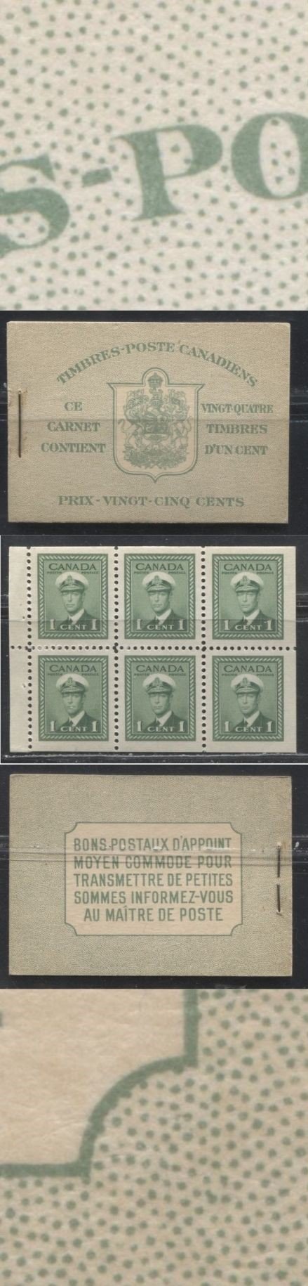 Lot 241 Canada #BK32d 1942-1949 War Issue, Complete French Booklet, 4 Panes of 1c Green, Smooth Wove Paper, Harris Front Cover Type IIj, Back Cover Type Dii, 7c & 6c Airmail Rates Page