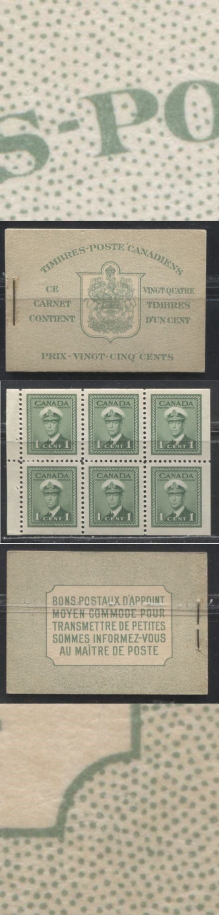 Lot 16 Canada #BK32d 1942-1949 War Issue, Type II,  Complete French Booklet, 4 Panes of 1c Green, Translucent Vertical Wove Paper, Harris Front Cover Type IIj, Back Cover Type Dii, 7c & 6c Airmail Rates Page
