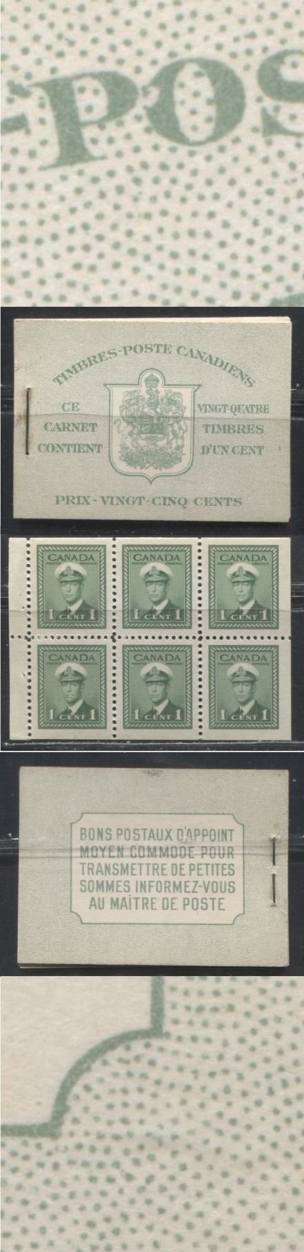 Lot 242 Canada #BK32d 1942-1949 War Issue, Complete 25¢ French Booklet, 4 Panes of 1c Green,  Smooth Vertical Wove Paper, Harris Front Cover Type IIk, Back Cover Type Diii, 7c & 6c Airmail Rates Page