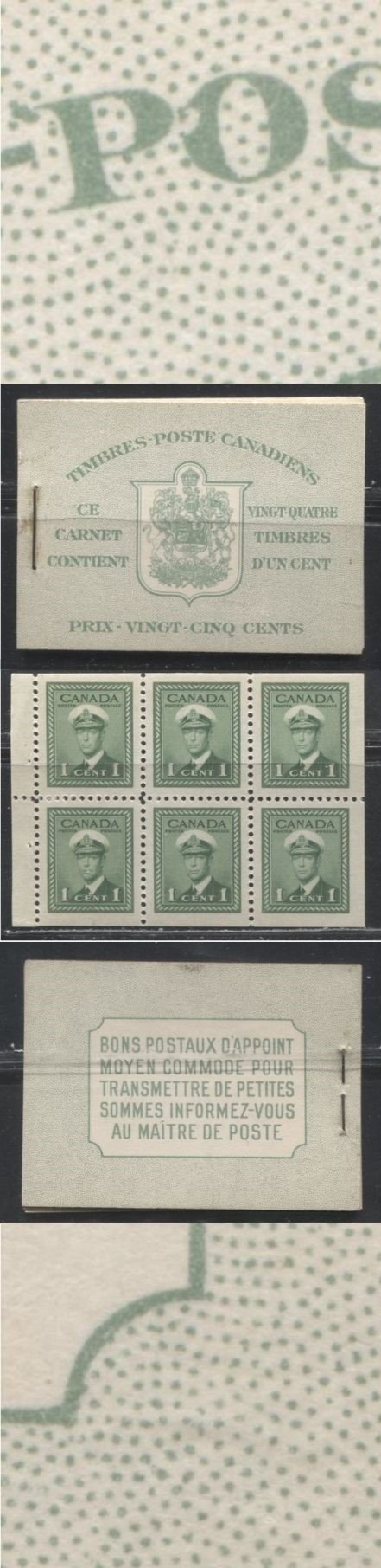 Lot 17 Canada #BK32d 1942-1949 War Issue,Type II, Complete 25¢ French Booklet, 4 Panes of 1c Green,  Horizontal Ribbed Paper, Harris Front Cover Type IIk, Back Cover Type Diii, 7c & 6c Airmail Rates Page