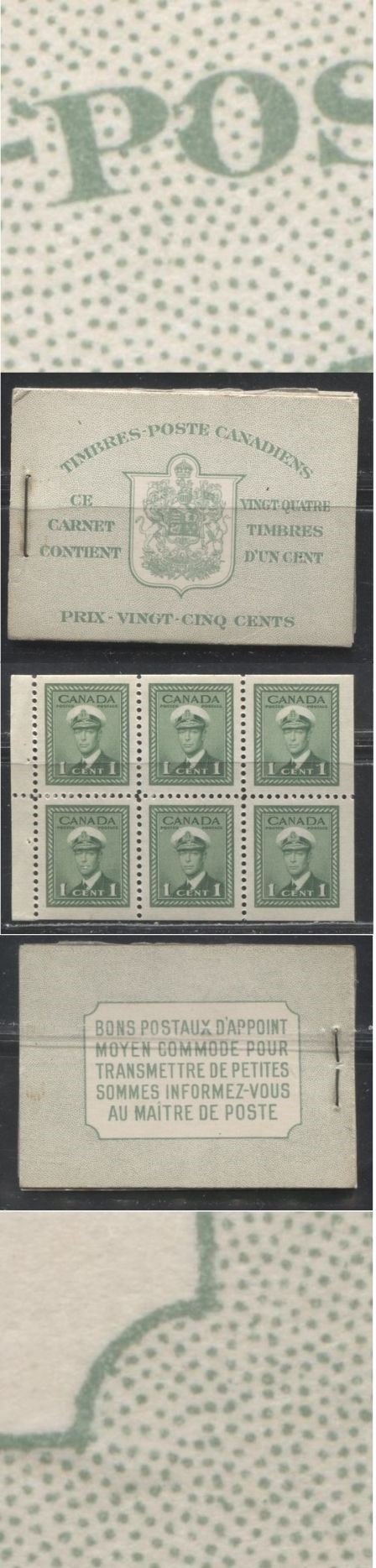 Lot 243 Canada #BK32d 1942-1949 War Issue, Complete 25¢ French Booklet, 4 Panes of 1c Green, Ribbed Vertical Wove Paper, Harris Front Cover Type IIk, Back Cover Type Div, 7c & 6c Airmail Rates Page