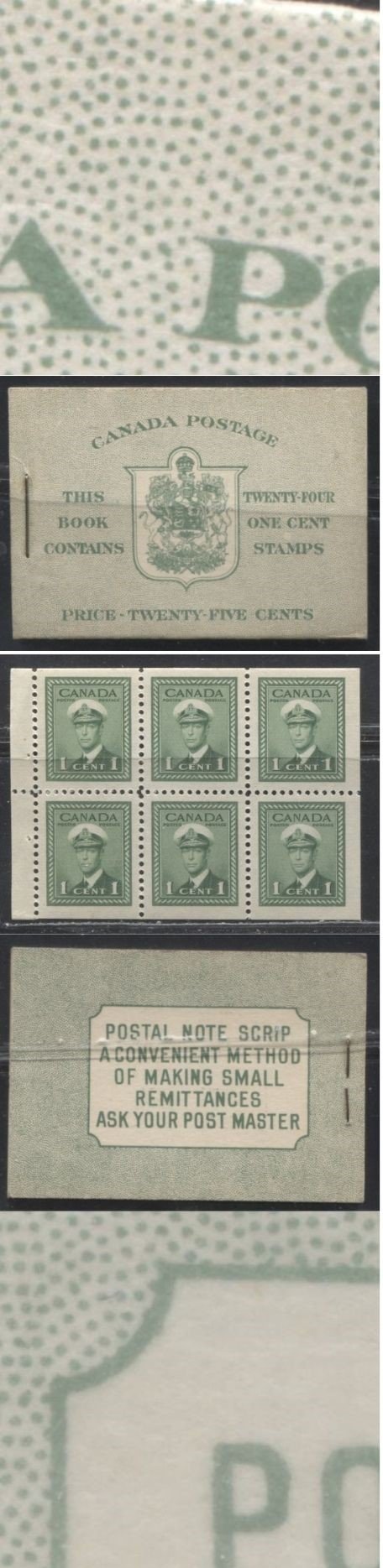Lot 99 Canada #BK32f 1942-1949 War Issue, Complete 25¢ English Booklet, 4 Panes of 1c Green,  Vertical Wove Paper, Harris Front Cover Type IIa, Back Cover Type Cbi, 7c & 6c Airmail Rates Page