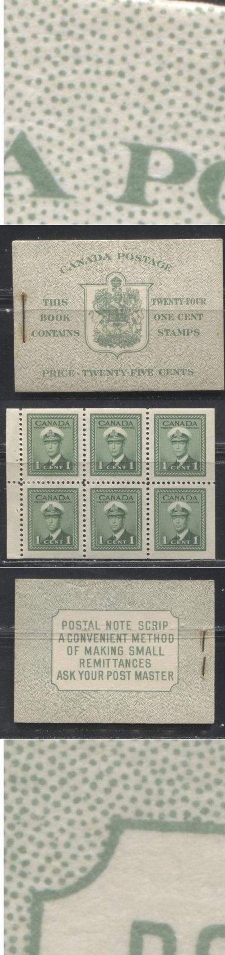 Lot 343 Canada #BK32f 1942-1949 War Issue,Type IIA "Post Master", Complete 25¢ English Booklet, 4 Panes of 1c Green,  Smooth Vertical Wove Paper, Harris Front Cover Type IIa, Back Cover Type Cbii, 7c & 6c Airmail Rates Page