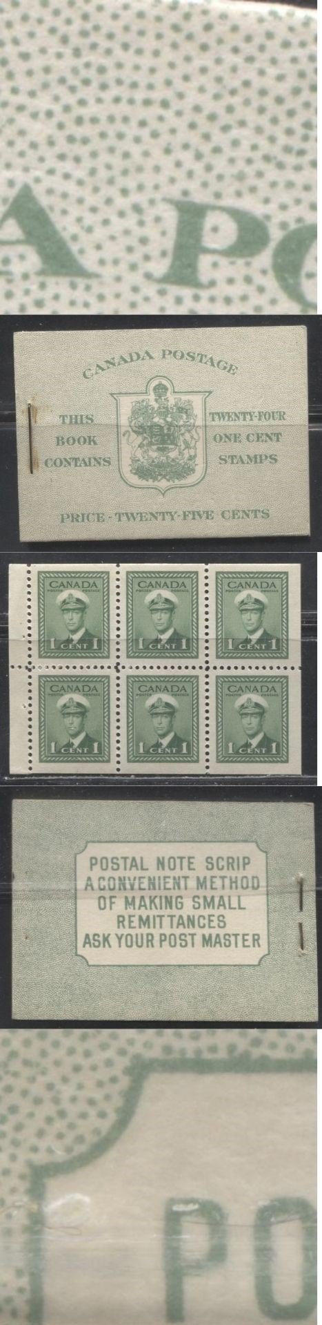 Lot 344 Canada #BK32f 1942-1949 War Issue, Type IIA "Post Master", Complete 25¢ English Booklet, 4 Panes of 1c Green, Smooth Vertical Wove Paper, Harris Front Cover Type IIa, Back Cover Type Cbiii, 7c & 6c Airmail Rates Page