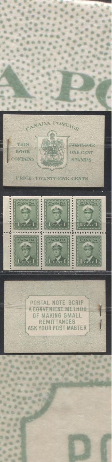 Lot 246 Canada #BK32f 1942-1949 War Issue, Complete 25¢ English Booklet, 4 Panes of 1c Green, Ribbed Vertical Wove Paper, Harris Front Cover Type IIa, Back Cover Type Cbiv, 7c & 6c Airmail Rates Page