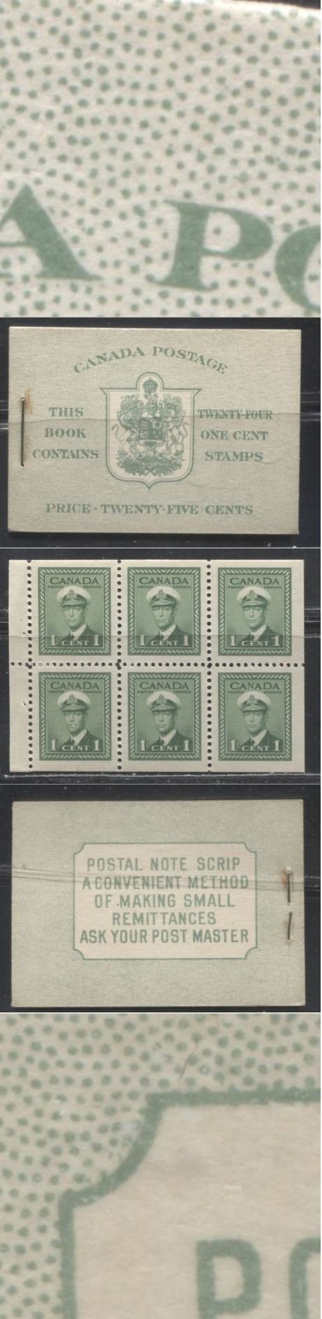 Lot 18 Canada #BK32f 1942-1949 War Issue,Type IIA "Post Master", Complete 25¢ English Booklet, 4 Panes of 1c Green, Ribbed Horizontal Paper, Harris Front Cover Type IIa , Back Cover Type Cbiv, 7c & 6c Airmail Rates Page