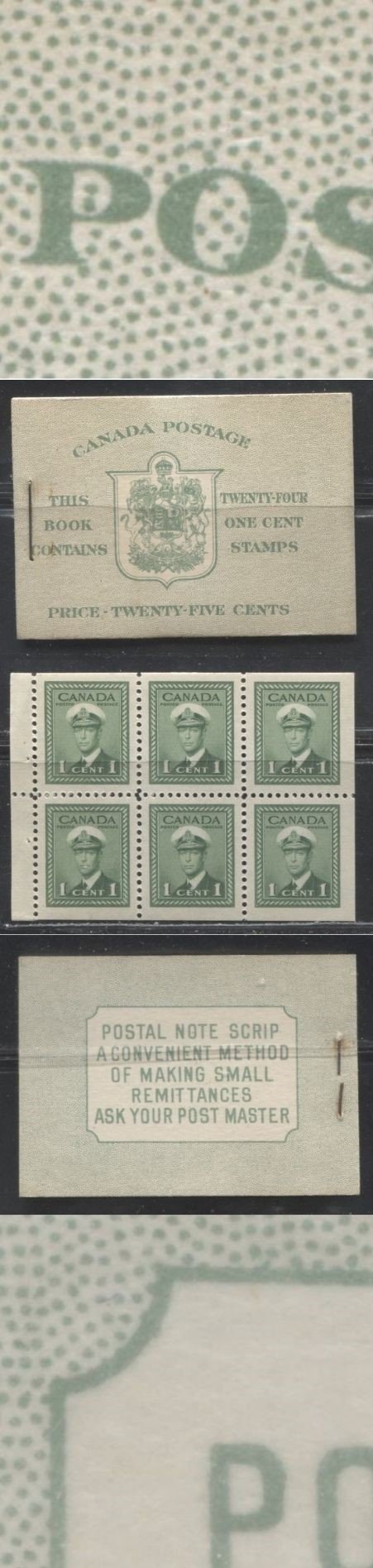 Lot 244 Canada #BK32f 1942-1949 War Issue, Complete 25¢ English Booklet, 4 Panes of 1c Green, Ribbed and Smooth Wove Paper, Harris Front Cover Type IIb, Back Cover Type Cbi, 7c & 6c Airmail Rates Page