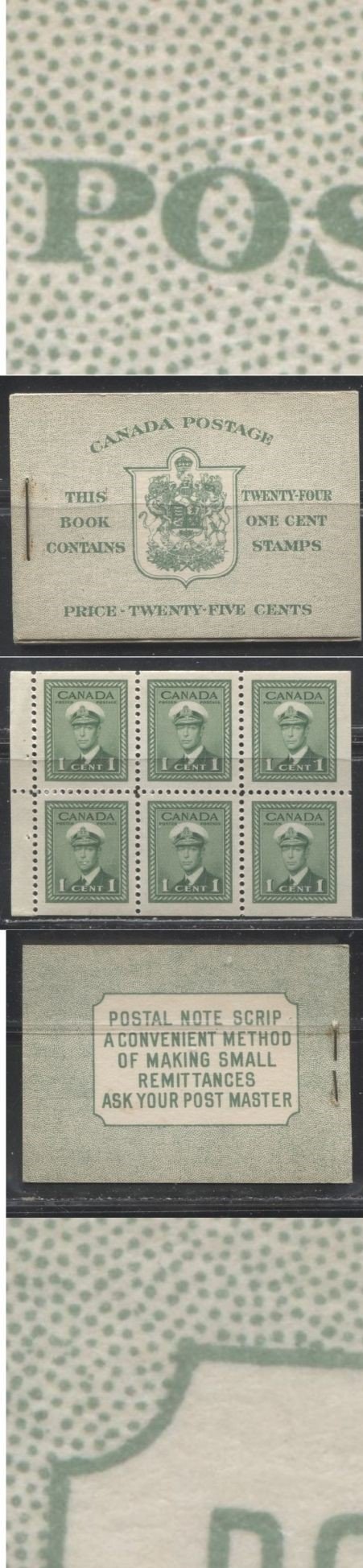 Lot 249 Canada #BK32f 1942-1949 War Issue, Complete 25¢ English Booklet, 4 Panes of 1c Green,  Smooth Vertical Wove Paper, Harris Front Cover Type IIb, Back Cover Type Cbii, 7c & 6c Airmail Rates Page