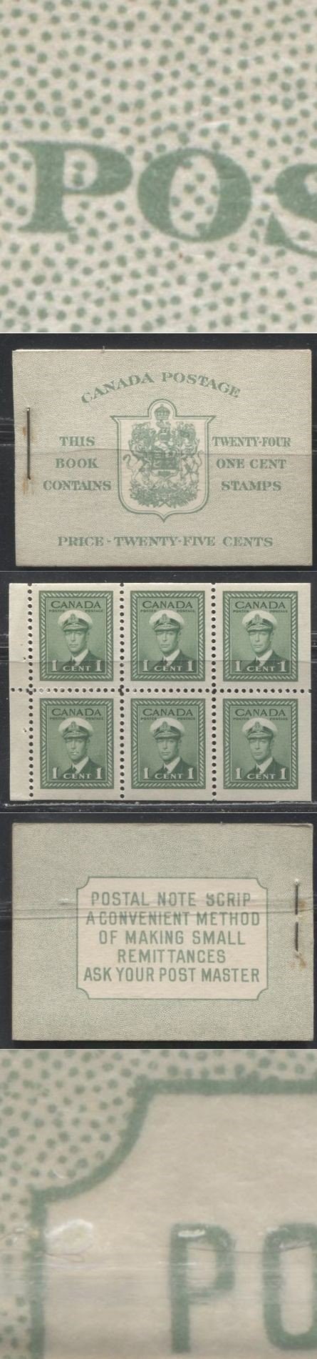 Lot 250 Canada #BK32f 1942-1949 War Issue, Complete 25¢ English Booklet, 4 Panes of 1c Green,  Ribbed Vertical Wove Paper, Harris Front Cover Type IIb, Back Cover Type Cbiii, 7c & 6c Airmail Rates Page