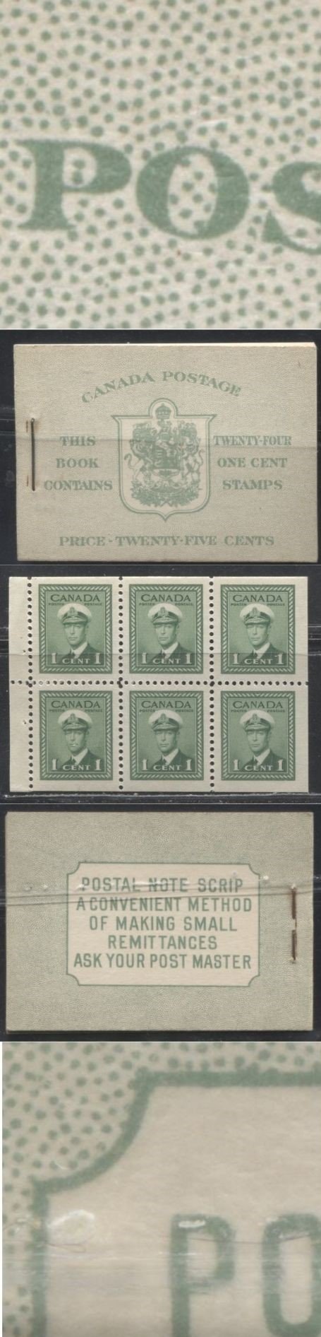 Lot 247 Canada #BK32f 1942-1949 War Issue, Complete 25¢ English Booklet, 4 Panes of 1c Green,  Smooth Ribbed Paper, Harris Front Cover Type IIb, Back Cover Type Cbiii, 7c & 6c Airmail Rates Page