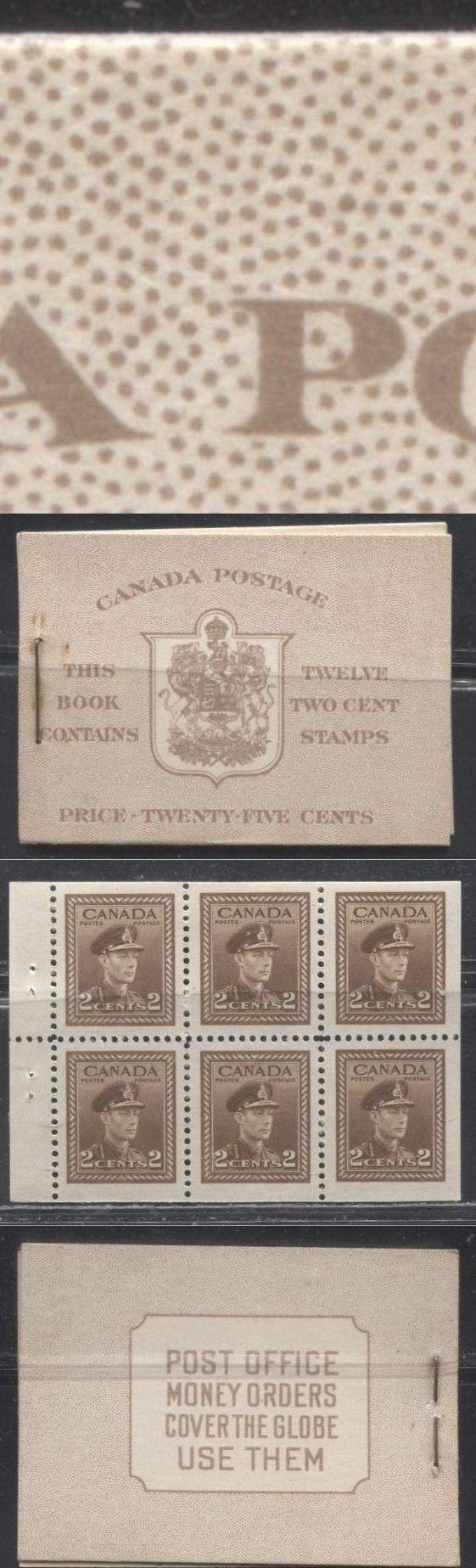 Lot 251 Canada #BK33a 1942-1949 War Issue, Complete 25¢ English Booklet, 2 Panes of 2c Brighter Brown, Smooth Vertical Wove Paper, Harris Front Cover Type IIc, 6c Airmail Rate Page