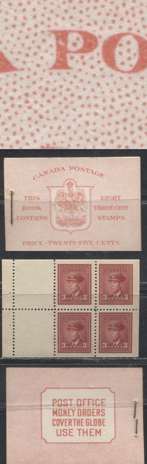 Lot 118 Canada #BK34a 1942-1949 War Issue, Complete 25¢ English Booklet, 2 Panes of 3c Carmine-Red, Horizontal Ribbed Paper, Harris Front Cover Type IIe, Back Cover Type A, 6c Airmail Rate Page