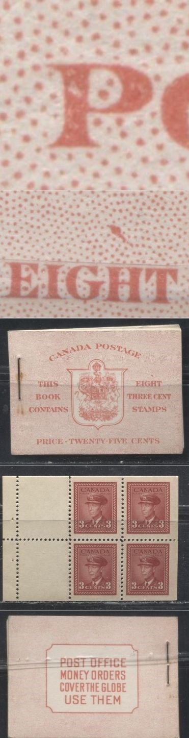 Lot 120 Canada #BK34a 1942-1949 War Issue, Complete 25¢ English Booklet, 2 Panes of 3c Carmine-Red, Smooth Vertical Wove Paper, Harris Front Cover Type IIe, 6c Airmail Rate Page, Constant Flaw Above "Eight"