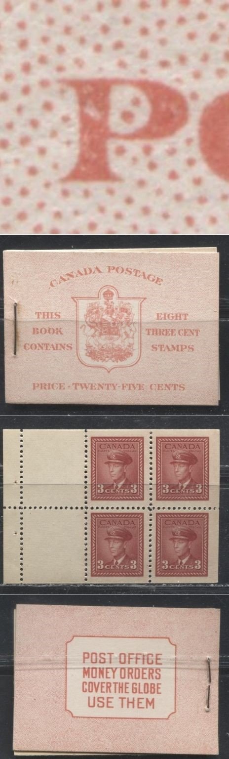 Lot 253 Canada #BK34a 1942-1949 War Issue, Complete 25¢ English Booklet, 2 Panes of 3c Deep Carmine-Red, Smooth Vertical Wove Paper, Harris Front Cover Type IIe, Back Cover Type A, 6c Airmail Rate Page