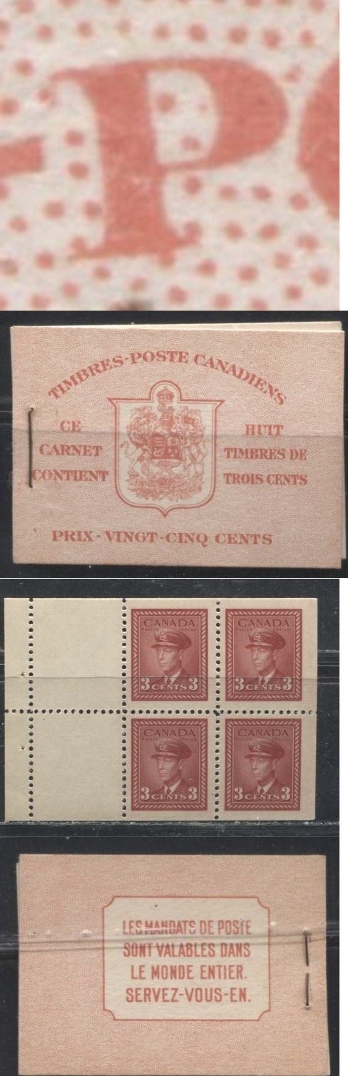 Lot 255 Canada #BK34a 1942-1949 War Issue, Complete 25¢ French Booklet, 2 Panes of 3c Carmine-Red, 17 mm Staple, Harris Front Cover Type IIn, Back Cover Type B, 6c Airmail Rate Page