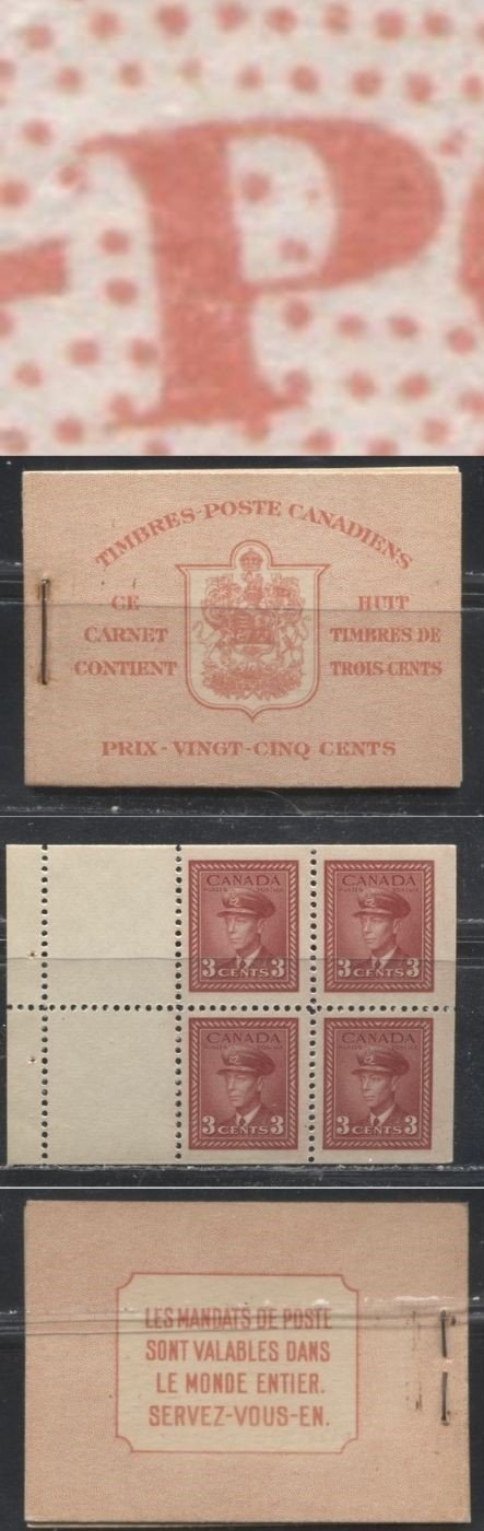 Lot 261 Canada #BK34d 1942-1949 War Issue, Complete 25¢ French Booklet, 2 Panes of 3c Carmine-Red, Smooth Vertical Wove Paper, Harris Front Cover Type IIn, Back Cover Type B, Surcharged 6c Airmail Rate Page, Shifted Surcharge