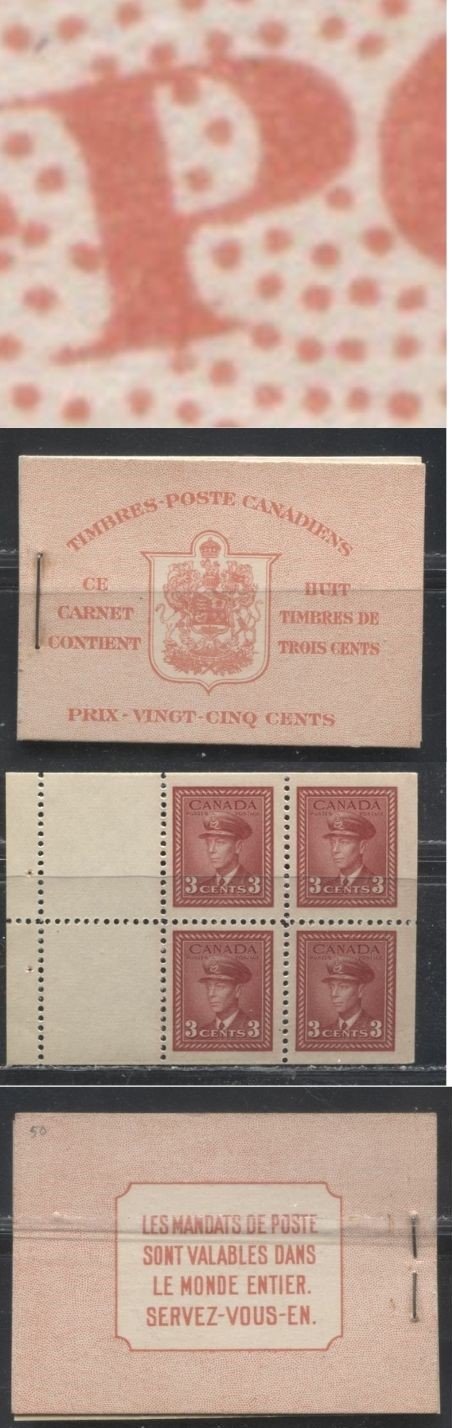Lot 347 Canada #BK34d 1942-1949 War Issue, Type I, Complete 25¢ French Booklet, 2 Panes of 3c Carmine-Red, Smooth Vertical Wove Paper, Harris Front Cover Type IIo, Back Cover Type B, Surcharged 6c Airmail Rate Page