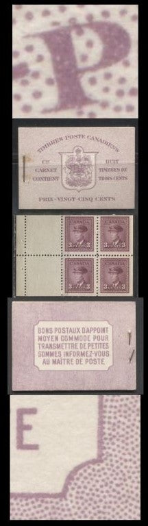 Lot 348 Canada #BK35b 1942-1949 War Issue, Type II, Complete 25¢ French Booklet, 2 Panes of 3c Rosy Plum, Horizontal Ribbed Paper, Harris Front Cover Type IIo, Back Cover Type Di, 7c and 6c Airmail Rate Page