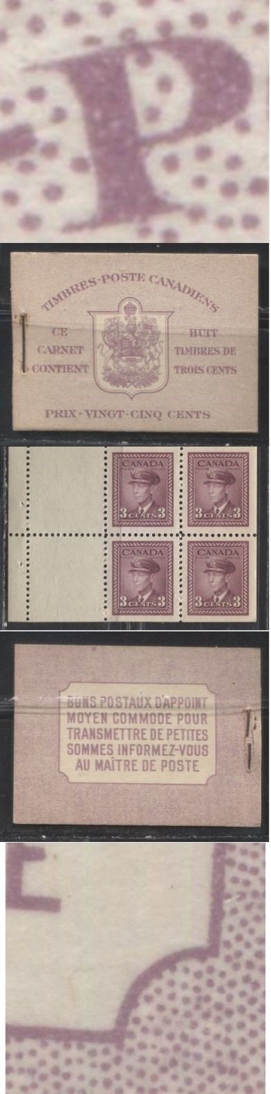 Lot 66 Canada #BK35b 1942-1949 War Issue,Type II,  Complete 25¢ French Booklet, 2 Panes of 3c Rosy Plum, Horizontal Ribbed Paper, Harris Front Cover Type IIo, Back Cover Type Dii, 7c and 6c Airmail Rate Page