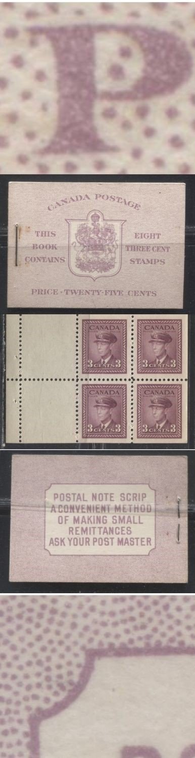 Lot 270 Canada #BK35c 1942-1949 War Issue, Complete 25¢ English Booklet, 2 Panes of 3c Rosy Plum, Smooth Vertical Wove Paper, Harris Front Cover Type IIe, Back Cover Type Cbii, 7c and 6c Airmail Rate Page