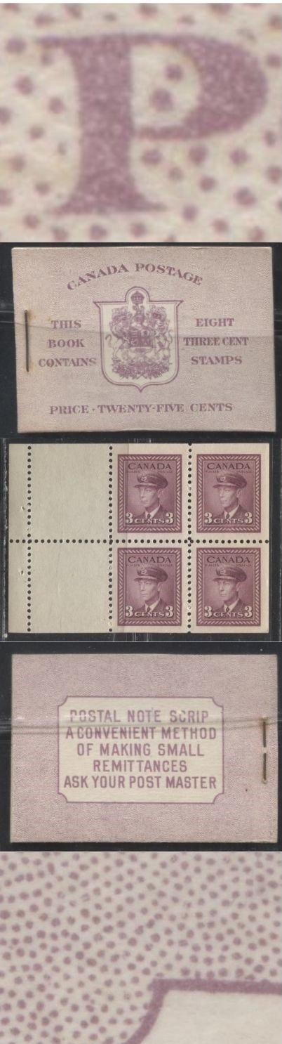 Lot 148 Canada #BK35c 1942-1949 War Issue, Complete 25¢ English Booklet, 2 Panes of 3c Rosy Plum, Horizontal Ribbed Paper, Harris Front Cover Type IIe, Back Cover Type Cbiv, 7c and 6c Airmail Rate Page