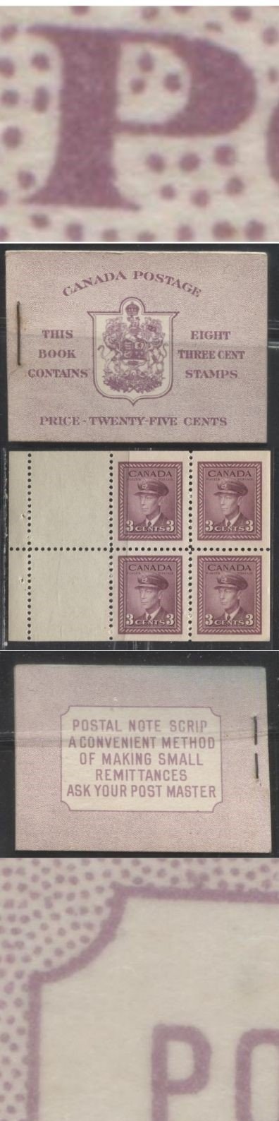 Lot 276 Canada #BK35c 1942-1949 War Issue, Complete 25¢ English Booklet, 2 Panes of 3c Rosy Plum, Smooth Vertical Wove Paper, Harris Front Cover Type IIf, Back Cover Type Cbi, 7c and 6c Airmail Rate Page