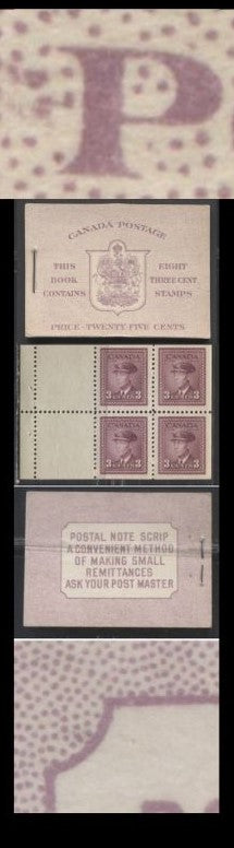 Lot 69 Canada #BK35c 1942-1949 War Issue, Type IIa "Post Master", Complete 25¢ English Booklet, 2 Panes of 3c Rosy Plum, Horizontal Ribbed Paper, Harris Front Cover Type IIf, Back Cover Type Cbii, 7c and 6c Airmail Rate Page