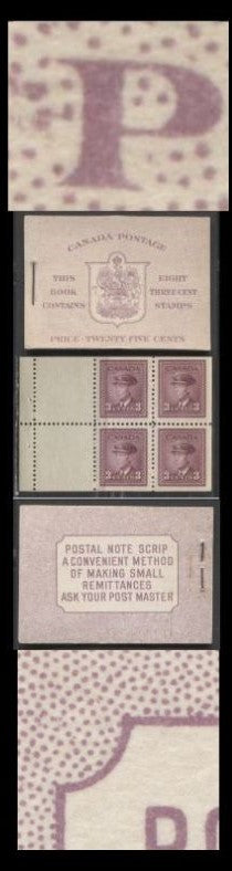 Lot 73 Canada #BK35c 1942-1949 War Issue, Type IIa "Post Master", Complete 25¢ English Booklet, 2 Panes of 3c Light Rosy Plum,Vertical Wove Paper, Harris Front Cover Type IIf, Back Cover Type Cbiv, 7c and 6c Airmail Rate Page