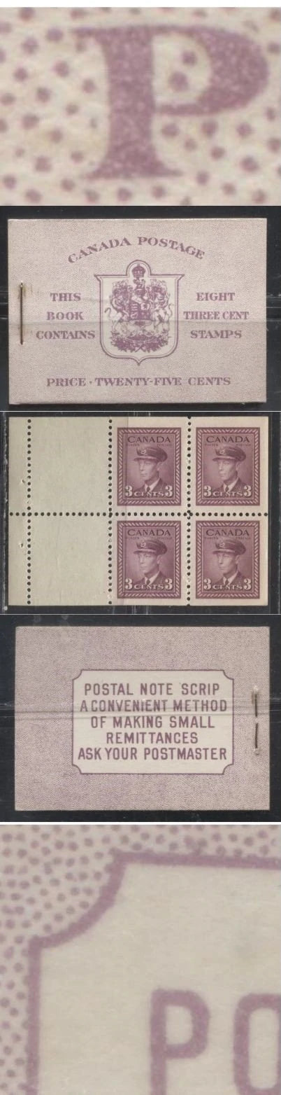Lot 274 Canada #BK35d 1942-1949 War Issue, Complete 25¢ English Booklet, 2 Panes of 3c Rosy Plum,  7¢ and 5¢ Rates on Rate Page, Smooth Vertical Wove Paper, Front Cover Harris Type IIe, Back Cover Harris Type Cai