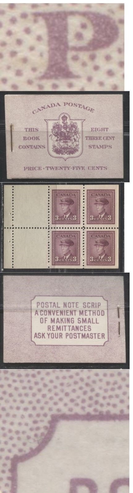 Lot 68 Canada #BK35d 1942-1949 War Issue, Type II, Complete 25¢ English Booklet, 2 Panes of 3c Rosy Plum, Horizontal Ribbed Paper, Harris Front Cover Type IIe, Back Cover Type Caiv, 7c and 5c Airmail Rate Page
