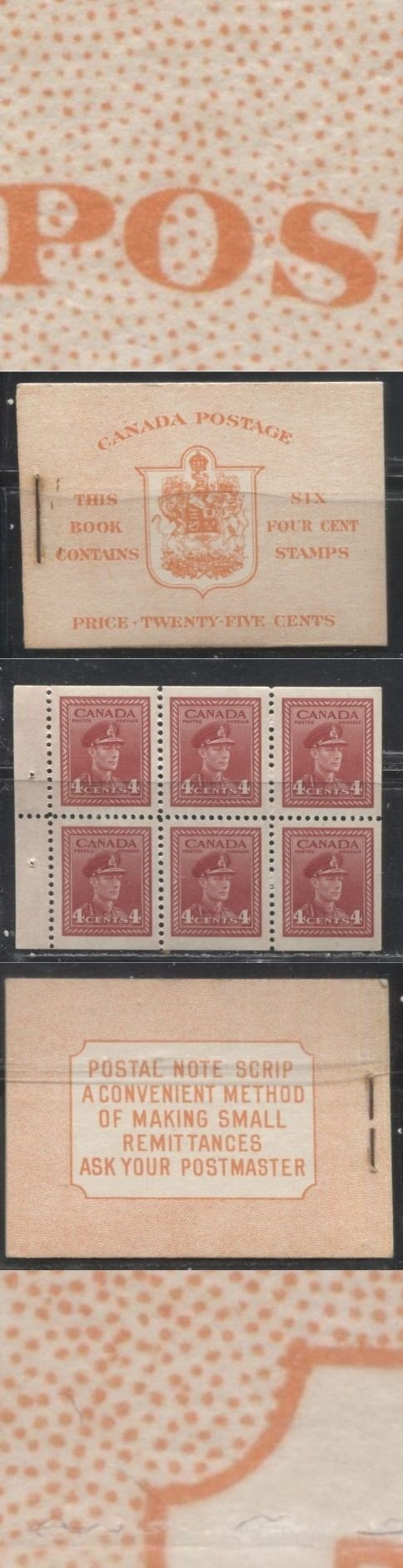 Lot 81 Canada #BK36d 1942-1949 War Issue,Type II, Complete 25¢ English Booklet, 1 Pane of 4c Carmine-Red, Horizontal Mesh Paper, Harris Front Cover IIi, Back Cover Type Caiii, 7c and 6c Rate Page