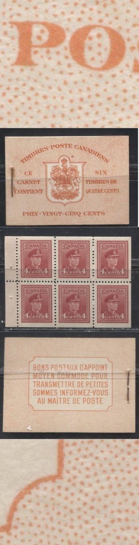 Lot 82 Canada #BK36d 1942-1949 War Issue,Type II,  Complete 25¢ French Booklet, 1 Pane of 4c Carmine-Red, Dark Red-Orange Harris Front Cover IIr, Back Cover Type Dii, 7c and 6c Rate Page