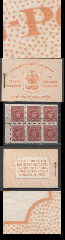 Lot 84 Canada #BK36d 1942-1949 War Issue, Type II, Complete 25¢ French Booklet, 1 Pane of 4c Carmine-Red, Dark Red-Orange Harris Front Cover IIs, Back Cover Type Diii, 7c and 6c Rate Page