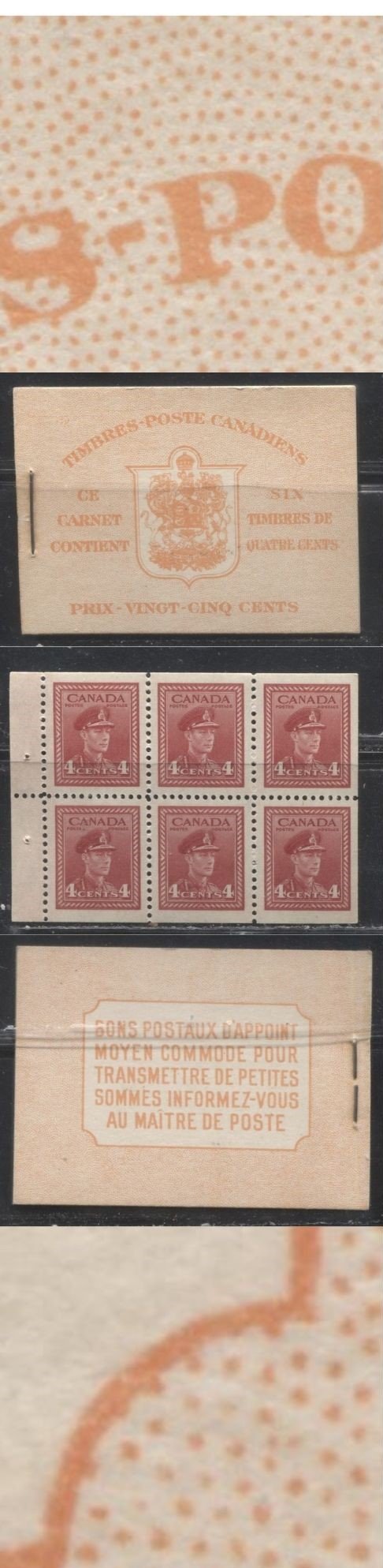 Lot 163 Canada #BK36d 1942-1949 War Issue, Complete 25¢ French Booklet, 1 Pane of 4c Carmine-Red, Horizontal Ribbed Paper, Harris Front Cover IIu, Back Cover Type Dii, 7c and 6c Rate Page