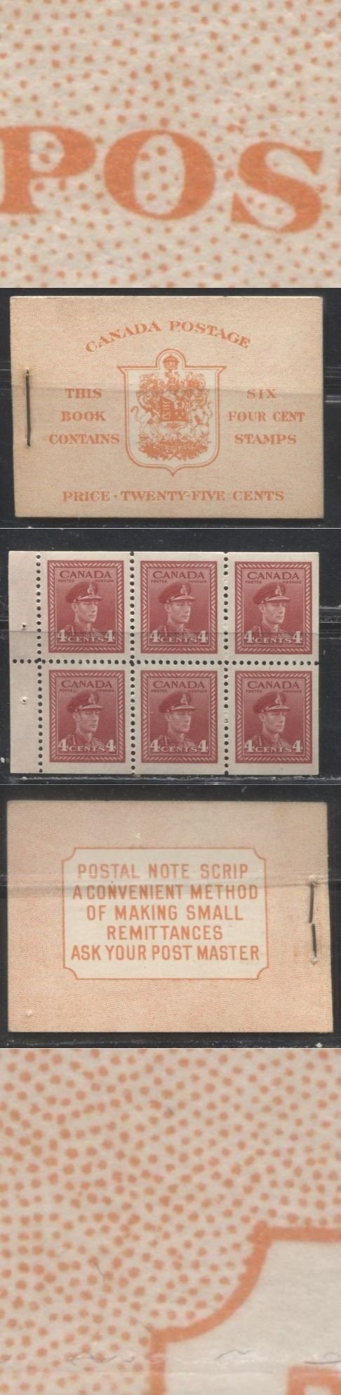 Lot 350 Canada #BK36g 1942-1949 War Issue, Type IIa "Post Master",  Complete 25¢ English Booklet, 1 Pane of 4c Carmine-Red, Horizontal Ribbed Paper, Harris Front Cover IIi, Back Cover Type Cbiii, 7c and 6c Rate Page