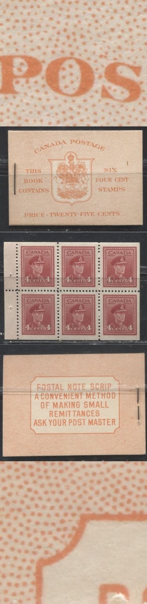 Lot 174 Canada #BK36g 1942-1949 War Issue, Complete 25¢ English Booklet, 1 Pane of 4c Carmine-Red, Vertical Wove Paper, Harris Front Cover IIi, Back Cover Type Cbiv, 7c and 6c Rate Page