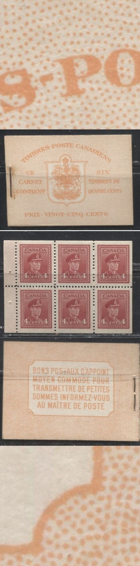 Lot 86 Canada #BK36d 1942-1949 War Issue Complete 25c, French Booklet Containing 1 Pane of 6 of 4c Deep Carmine Red, Type II, Harris Front Cover Type IIu , Back Cover Div, 7c & 6c Rate Page