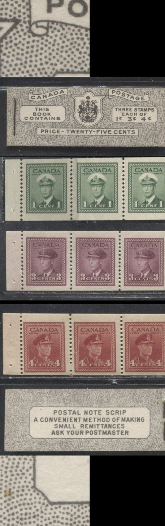 Lot 95 Canada #BK38a 1942-1949 War Issue Complete 25c, English Booklet Containing 1 Pane Each of 3 of 1c Green, 3c Rosy Plum and 4c Carmine Red, Oily Horizontal Ribbed Paper, Harris Front Cover Type IVa , Back Cover Hai, 7c & 6c Rate Page