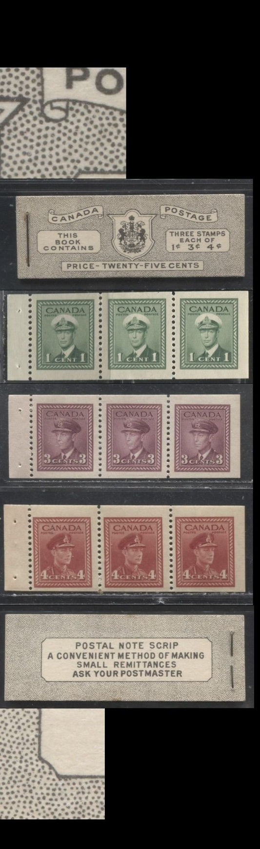 Lot 287 Canada #BK38a 1942-1949 War Issue Complete 25c, English Booklet Containing 1 Pane Each of 3 of 1c Green, 3c Rosy Plum and 4c Carmine Red, Harris Front Cover Type IVa , Back Cover Haii, 7c & 6c Rate Page