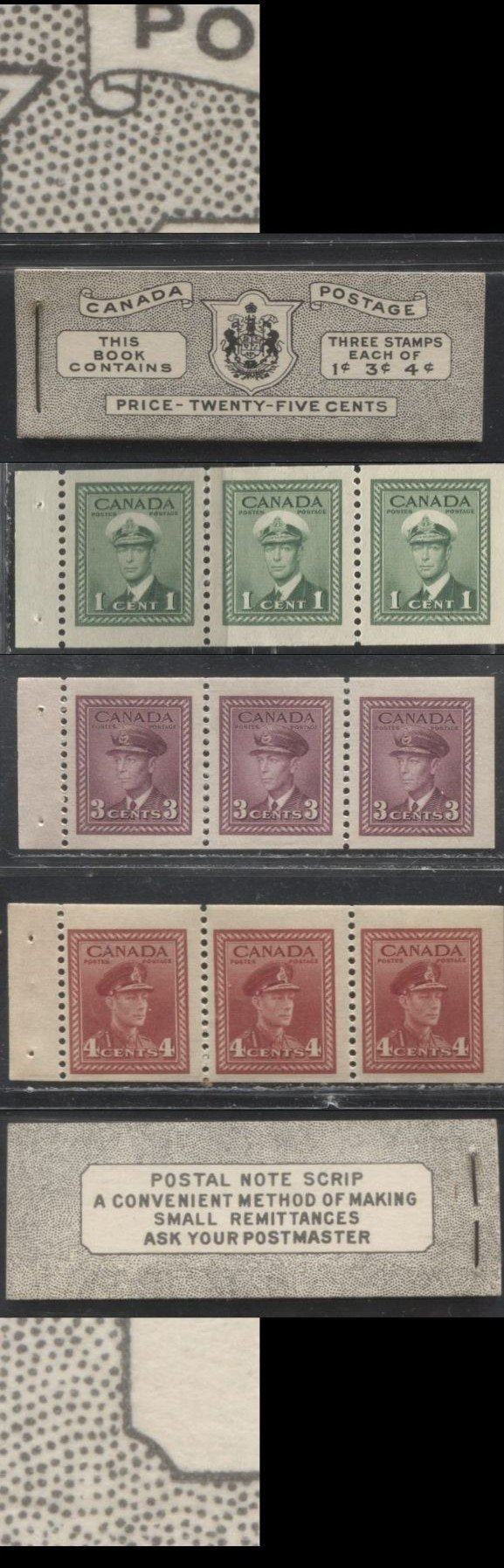 Lot 99 Canada #BK38a 1942-1949 War Issue Complete 25c, English Booklet Containing 1 Pane Each of 3 of 1c Green, 3c Rosy Plum and 4c Carmine Red, Horizontal Ribbed Paper, Harris Front Cover Type IVa , Back Cover Haii, 7c & 6c Rate Page
