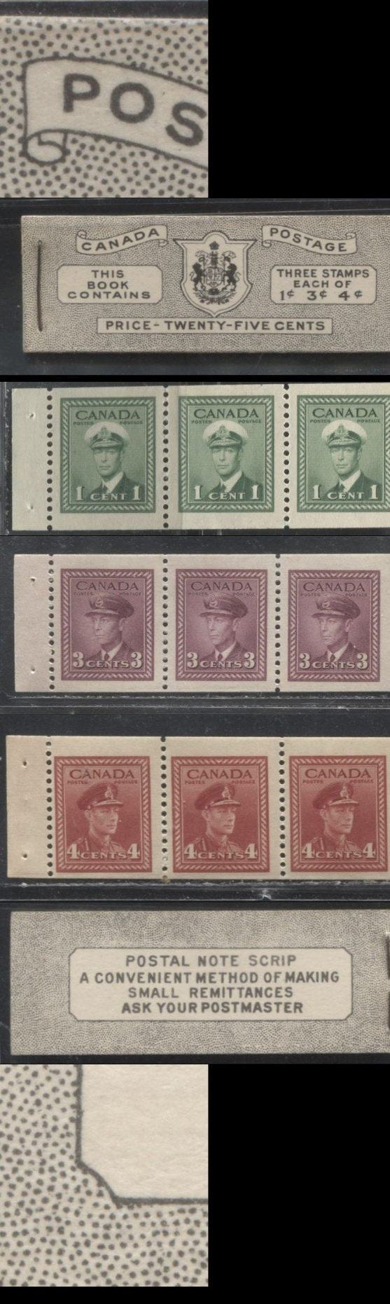 Lot 288 Canada #BK38a 1942-1949 War Issue Complete 25c, English Booklet Containing 1 Pane Each of 3 of 1c Green, 3c Rosy Plum and 4c Carmine Red, Harris Front Cover Type IVb , Back Cover Haii, 7c & 6c Rate Page