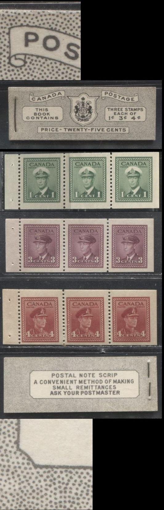 Lot 189 Canada #BK38a 1942-1949 War Issue Complete 25c, English Booklet Containing 1 Pane Each of 3 of 1c Green, 3c Rosy Plum and 4c Carmine Red, Harris Front Cover Type IVb , Back Cover Haiv, 7c & 6c Rate Page