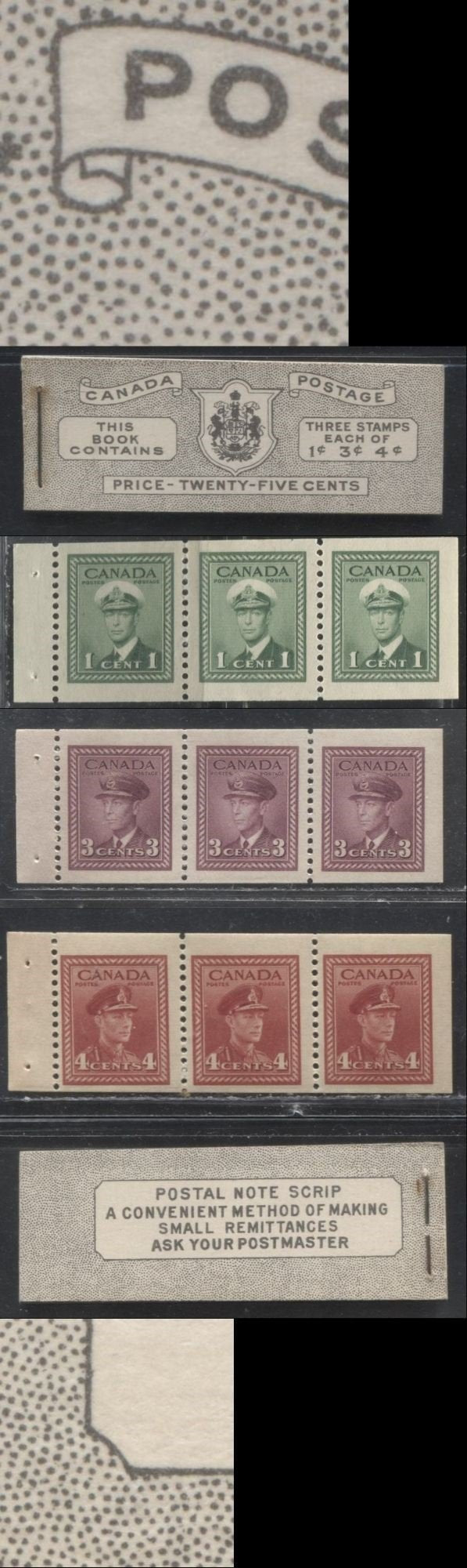 Lot 353 Canada #BK38a 1942-1949 War Issue Complete 25c, English Booklet Containing 1 Pane Each of 3 of 1c Green, 3c Rosy Plum and 4c Carmine Red, Horizontal Ribbed Paper, Harris Front Cover Type IVc , Back Cover Haii, 7c & 6c Rate Page