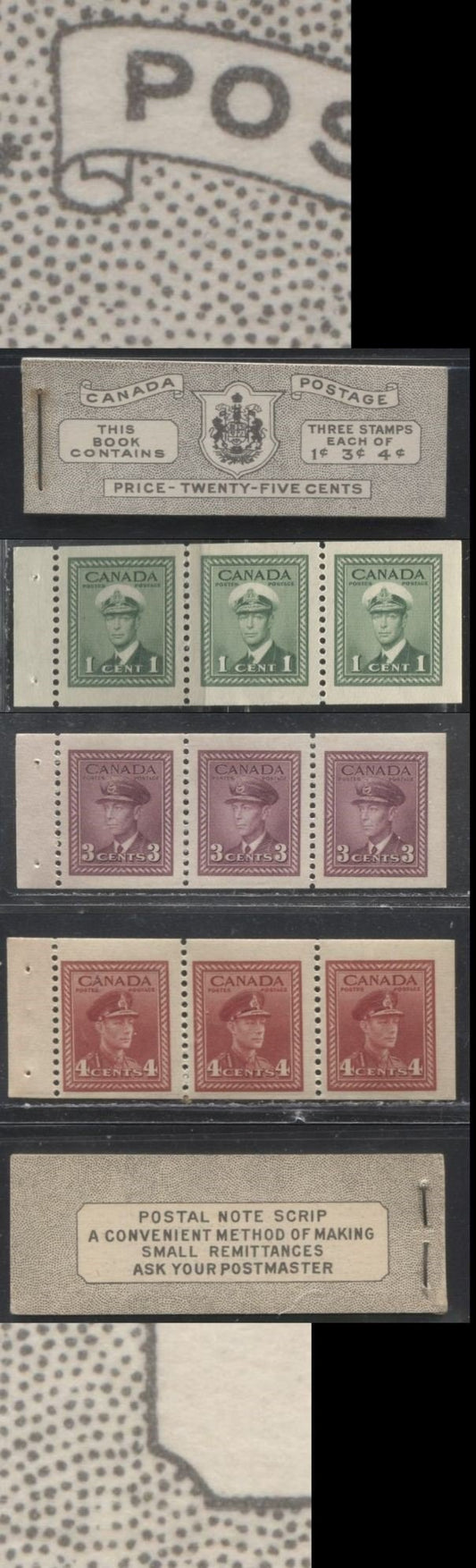 Lot 290 Canada #BK38a 1942-1949 War Issue Complete 25c, English Booklet Containing 1 Pane Each of 3 of 1c Green, 3c Rosy Plum and 4c Carmine Red, Harris Front Cover Type IVc , Back Cover Haiii, 7c & 6c Rate Page