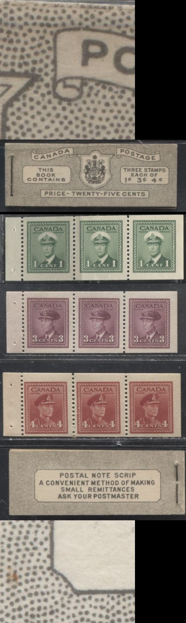 Lot 192 Canada #BK38a 1942-1949 War Issue Complete 25c, English Booklet Containing 1 Pane Each of 3 of 1c Green, 3c Rosy Plum and 4c Carmine Red, Harris Front Cover Type IVd , Back Cover Hai, 7c & 6c Rate Page