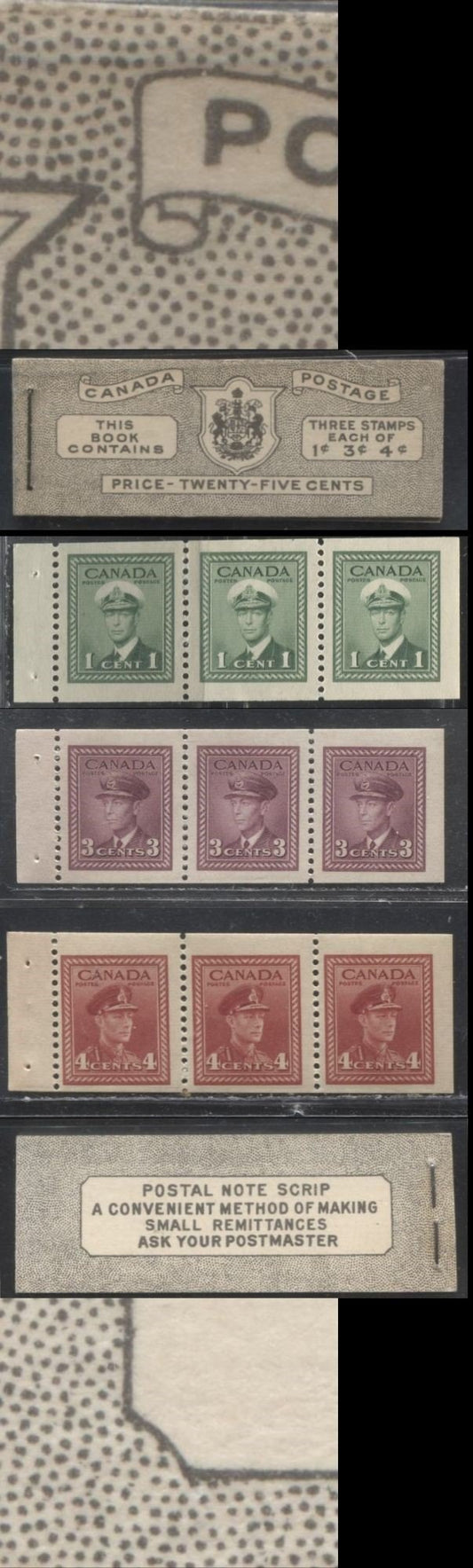 Lot 193 Canada #BK38a 1942-1949 War Issue Complete 25c, English Booklet Containing 1 Pane Each of 3 of 1c Green, 3c Rosy Plum and 4c Carmine Red, Harris Front Cover Type IVd , Back Cover Haii, 7c & 6c Rate Page