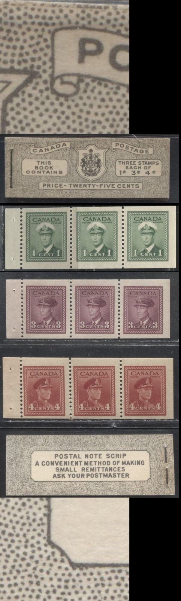 Lot 368 Canada #BK38a 1942-1949 War Issue Complete 25c, English Booklet Containing 1 Pane Each of 3 of 1c Green, 3c Rosy Plum and 4c Carmine Red, Harris Front Cover Type IVd , Back Cover Haii, 7c & 6c Rate Page, Paper CBN-TTTTT